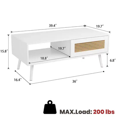 Tavolino da caffè in Rattan da 100 cm con Ante Scorrevoli, Tavolino da Cocktail in Legno