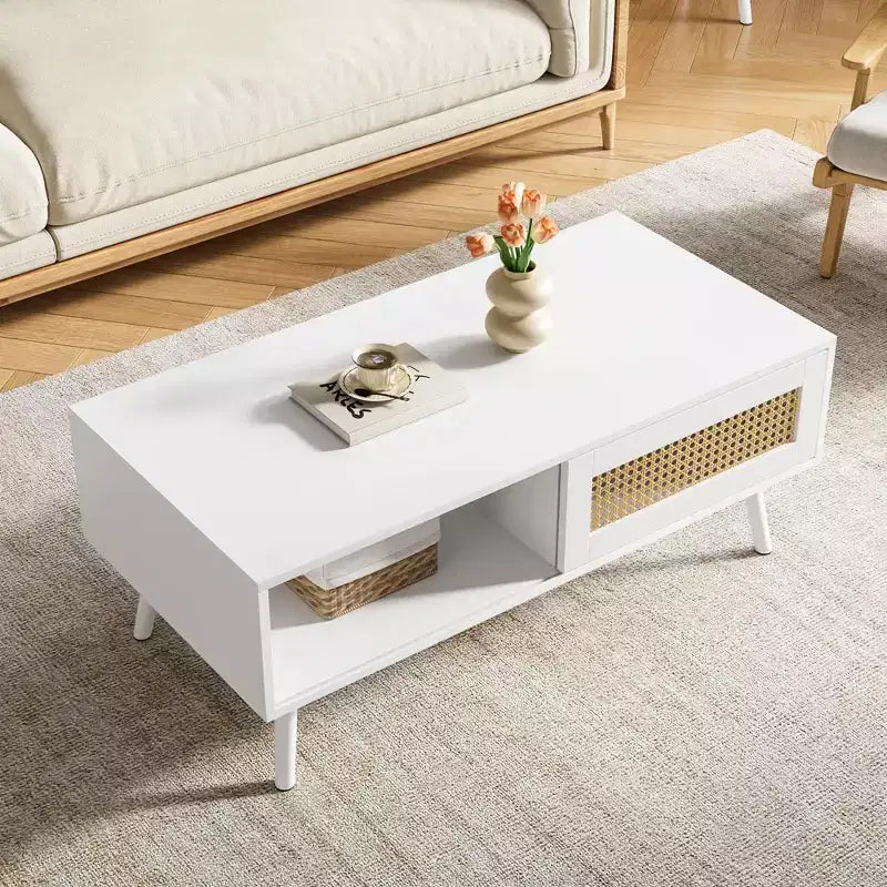 Tavolino da caffè in Rattan da 100 cm con Ante Scorrevoli, Tavolino da Cocktail in Legno