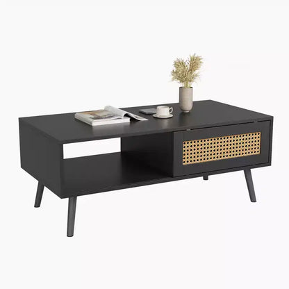 Tavolino da caffè in Rattan da 100 cm con Ante Scorrevoli, Tavolino da Cocktail in Legno