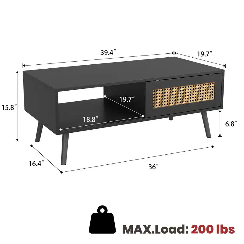 Tavolino da caffè in Rattan da 100 cm con Ante Scorrevoli, Tavolino da Cocktail in Legno
