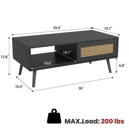 Tavolino da caffè in Rattan da 100 cm con Ante Scorrevoli, Tavolino da Cocktail in Legno
