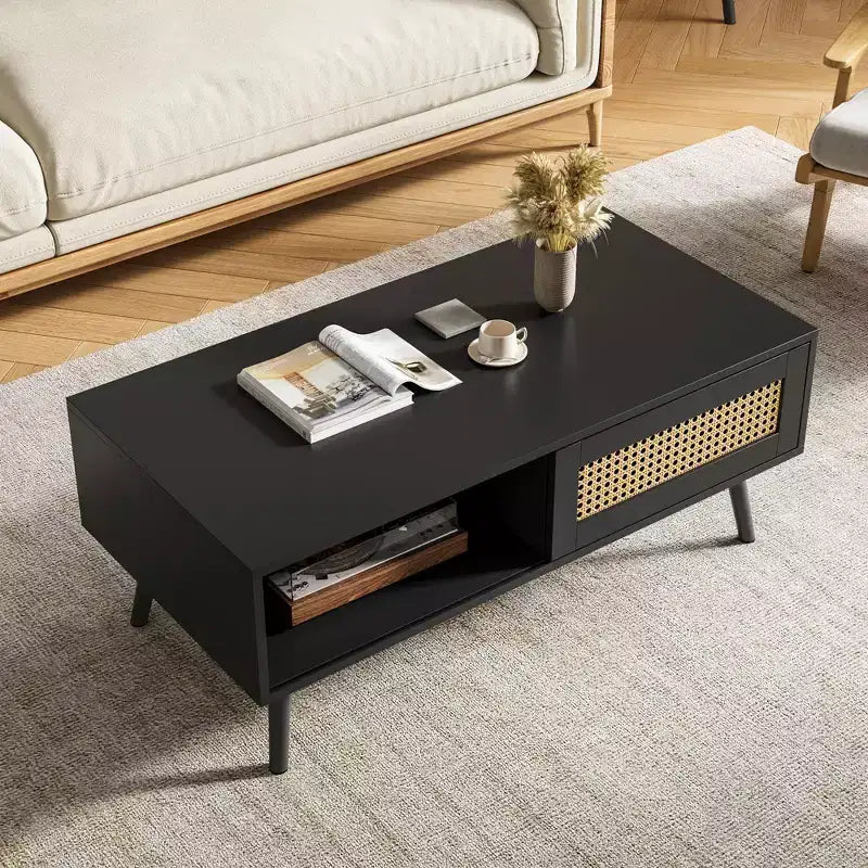 Tavolino da caffè in Rattan da 100 cm con Ante Scorrevoli, Tavolino da Cocktail in Legno
