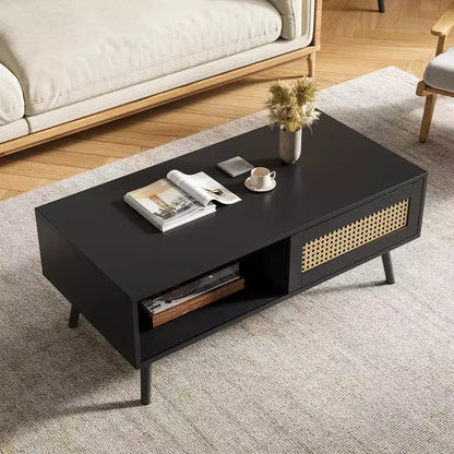 Tavolino da caffè in Rattan da 100 cm con Ante Scorrevoli, Tavolino da Cocktail in Legno