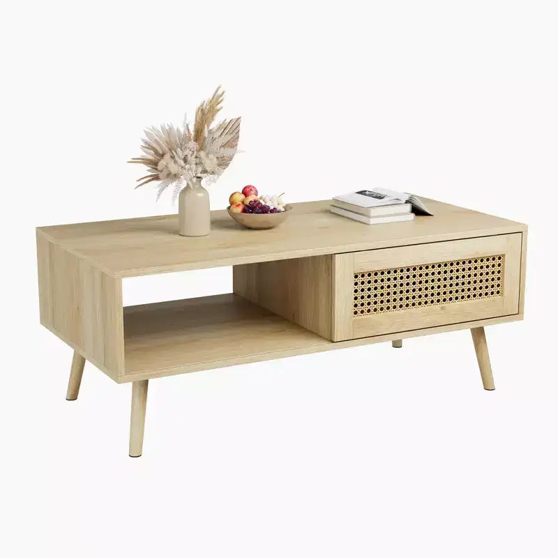 Tavolino da caffè in Rattan da 100 cm con Ante Scorrevoli, Tavolino da Cocktail in Legno