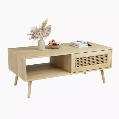 Tavolino da caffè in Rattan da 100 cm con Ante Scorrevoli, Tavolino da Cocktail in Legno
