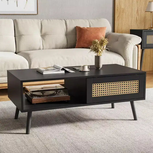 Modern Coffee Table with Storage, Rattan Rectangle Center Table with Sliding Door, Wooden Accent Cocktail Table for Living Room Bedroom Office