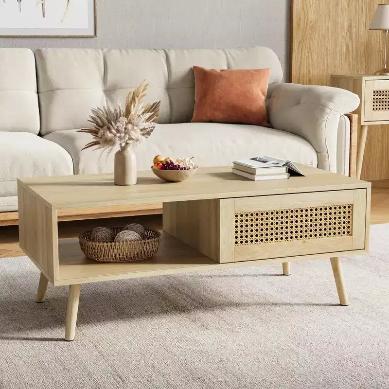 Tavolino da caffè in Rattan da 100 cm con Ante Scorrevoli, Tavolino da Cocktail in Legno