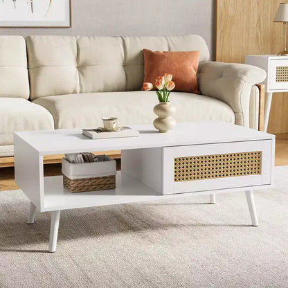 Tavolino da caffè in Rattan da 100 cm con Ante Scorrevoli, Tavolino da Cocktail in Legno