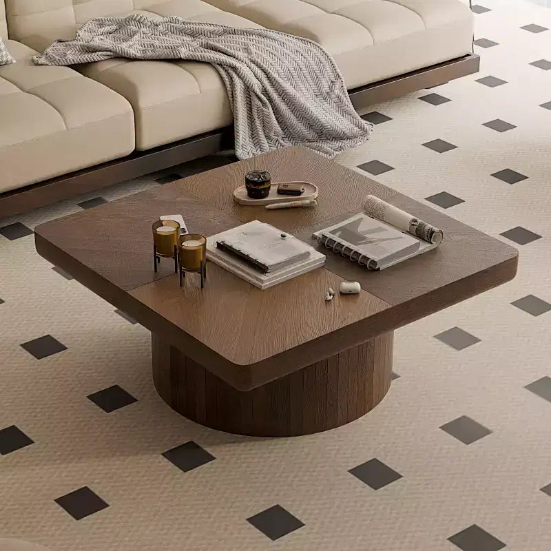 Tavolino quadrato da 34,6" con piano impiallacciato in parquet di legno, finitura noce, base a piedistallo