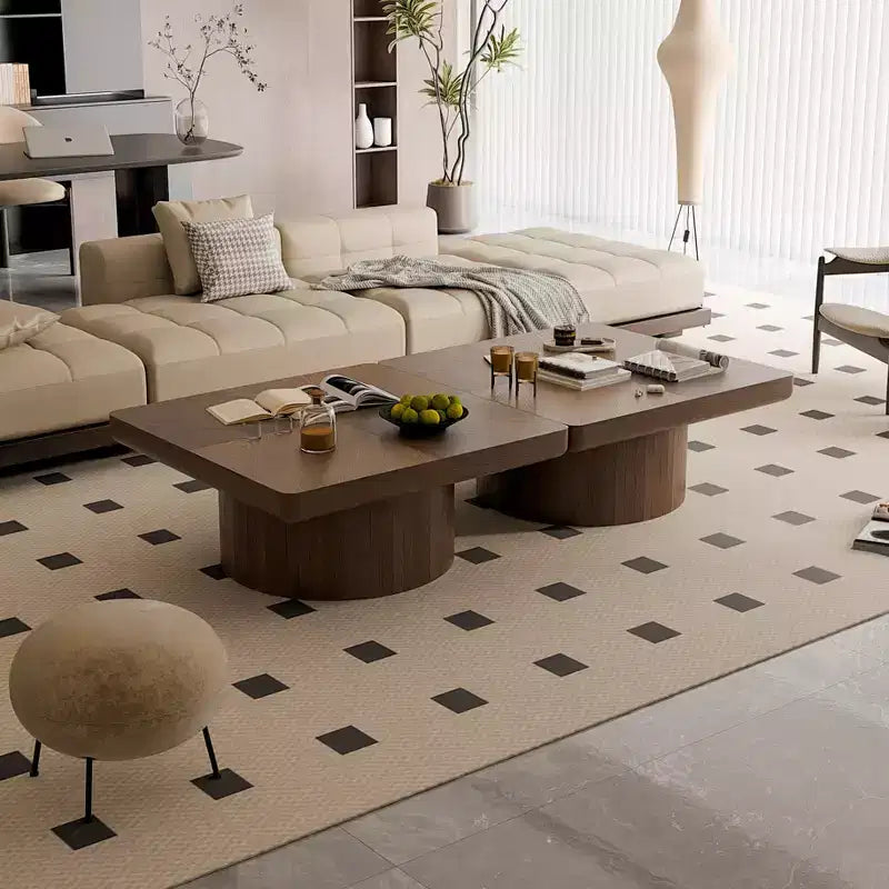 Tavolino quadrato da 34,6" con piano impiallacciato in parquet di legno, finitura noce, base a piedistallo