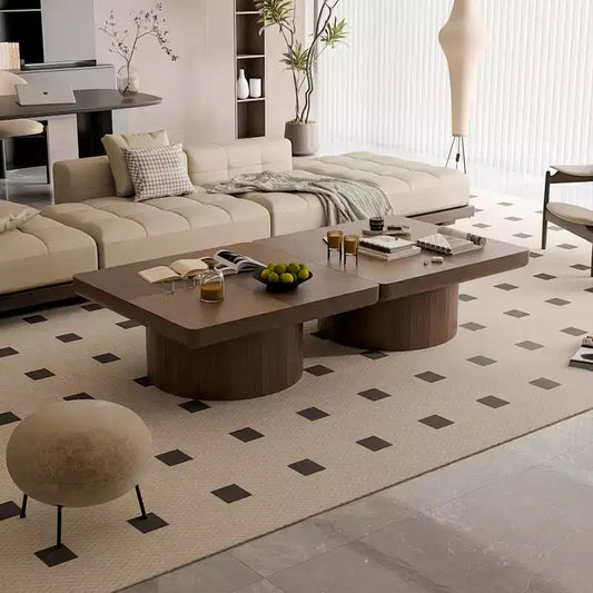 Tavolino quadrato da 34,6" con piano impiallacciato in parquet di legno, finitura noce, base a piedistallo