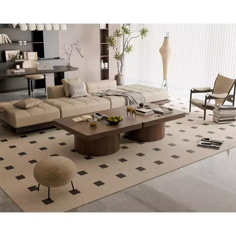 Tavolino quadrato da 34,6" con piano impiallacciato in parquet di legno, finitura noce, base a piedistallo