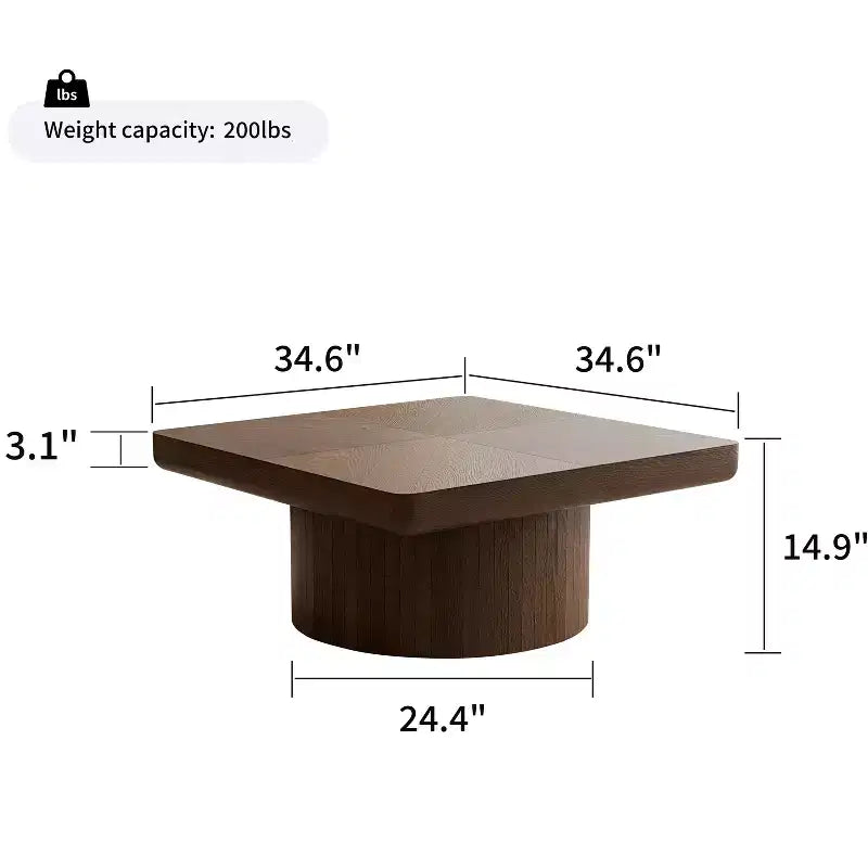 Tavolino quadrato da 34,6" con piano impiallacciato in parquet di legno, finitura noce, base a piedistallo