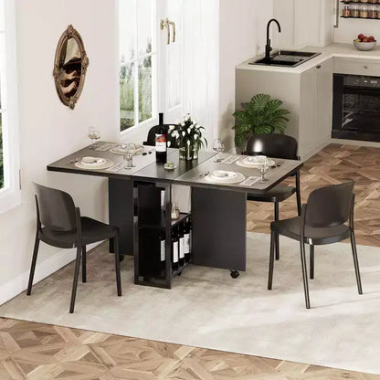 Tavolo da pranzo pieghevole su ruote, piano ribaltabile, 2 ripiani, 6 rotelle bloccabili
