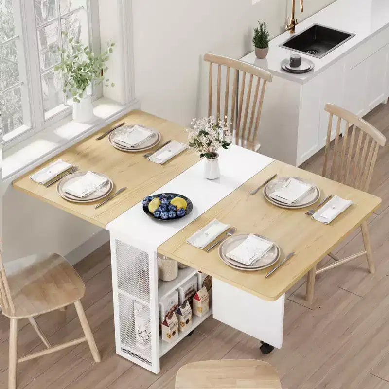 Tavolo da pranzo pieghevole su ruote, piano ribaltabile, 2 ripiani, 6 rotelle bloccabili