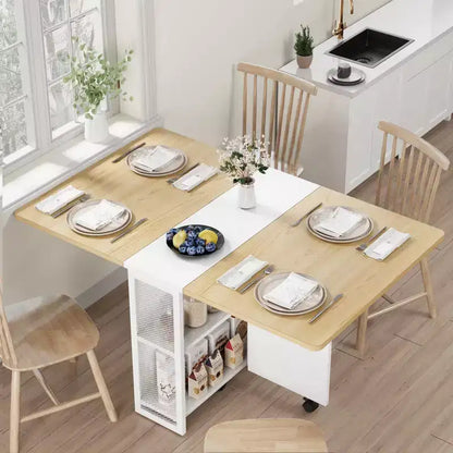 Tavolo da pranzo pieghevole su ruote, piano ribaltabile, 2 ripiani, 6 rotelle bloccabili