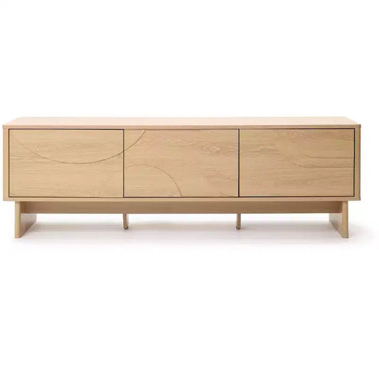 LuxenHome Modern 59 TV Console with 3 Doors, Geometric Carved Front, Light Wood, Manufactured Wood Brown