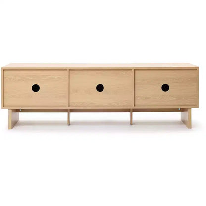 Mobile TV da 59" con 3 Ante, Frontale Intagliato Geometrico, Venatura Legno Chiaro, Adatto per TV fino a 65"