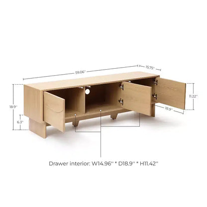 Mobile TV da 59" con 3 Ante, Frontale Intagliato Geometrico, Venatura Legno Chiaro, Adatto per TV fino a 65"