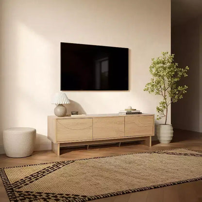 Mobile TV da 59" con 3 Ante, Frontale Intagliato Geometrico, Venatura Legno Chiaro, Adatto per TV fino a 65"