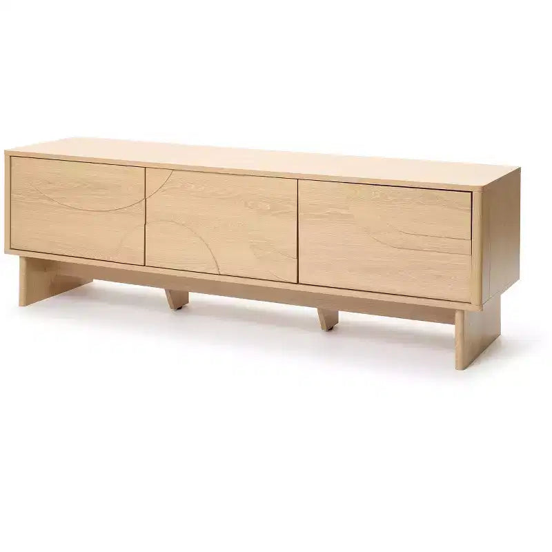 Mobile TV da 59" con 3 Ante, Frontale Intagliato Geometrico, Venatura Legno Chiaro, Adatto per TV fino a 65"
