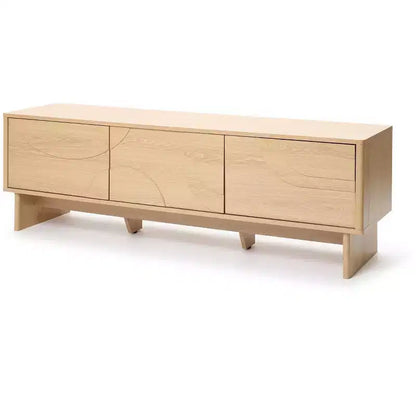 Mobile TV da 59" con 3 Ante, Frontale Intagliato Geometrico, Venatura Legno Chiaro, Adatto per TV fino a 65"