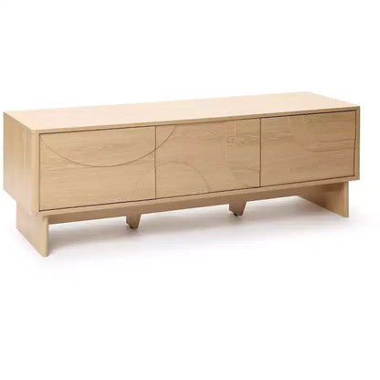 Mobile TV da 59" con 3 Ante, Frontale Intagliato Geometrico, Venatura Legno Chiaro, Adatto per TV fino a 65"