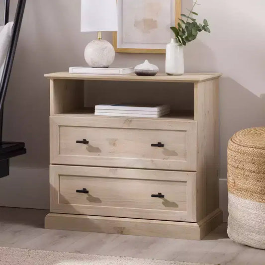 Comodino Transizionale a 2 Cassetti con Scomparto Aperto, MDF Rovere Bianco, 64,1 cm H