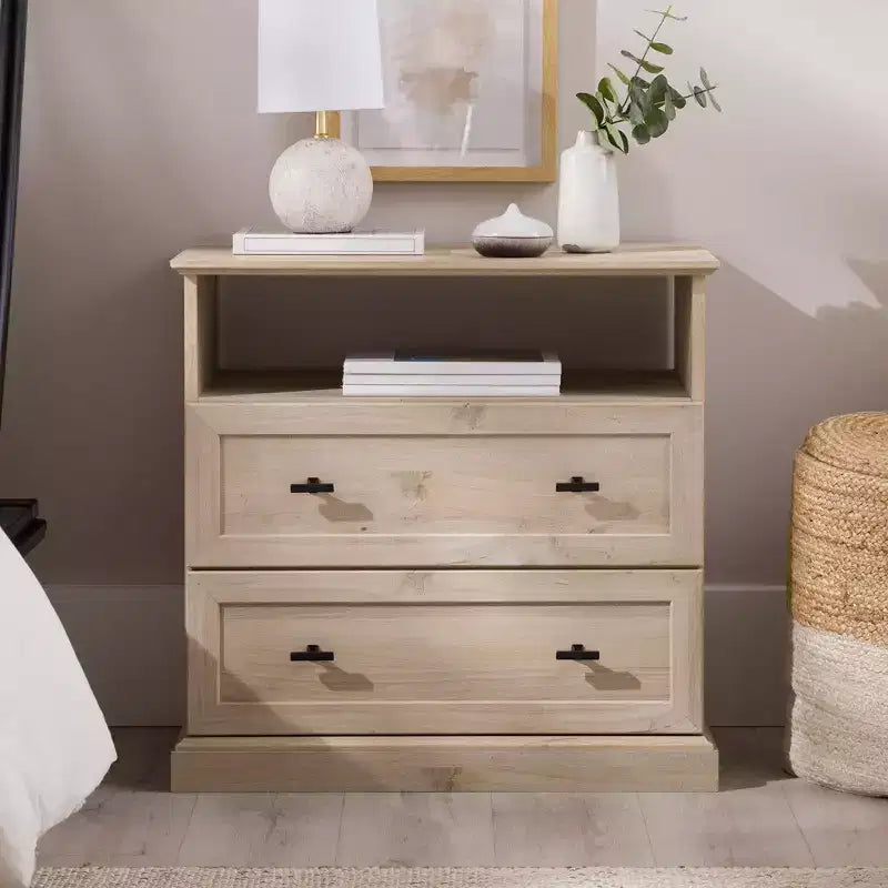 Comodino Transizionale a 2 Cassetti con Scomparto Aperto, MDF Rovere Bianco, 64,1 cm H