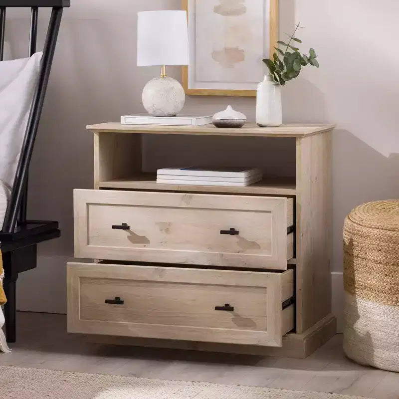 Comodino Transizionale a 2 Cassetti con Scomparto Aperto, MDF Rovere Bianco, 64,1 cm H