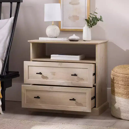 Comodino Transizionale a 2 Cassetti con Scomparto Aperto, MDF Rovere Bianco, 64,1 cm H