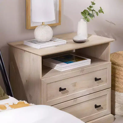 Comodino Transizionale a 2 Cassetti con Scomparto Aperto, MDF Rovere Bianco, 64,1 cm H