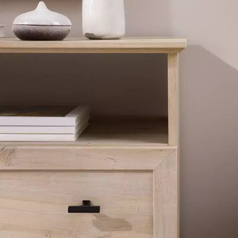 Comodino Transizionale a 2 Cassetti con Scomparto Aperto, MDF Rovere Bianco, 64,1 cm H