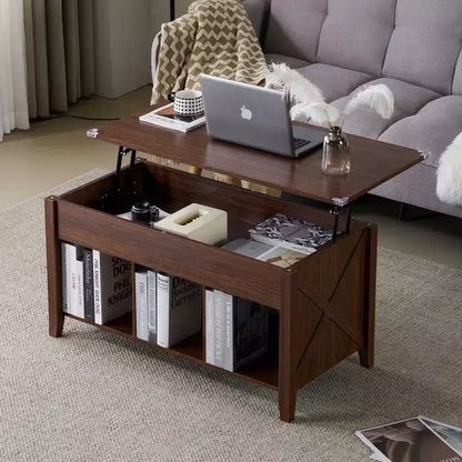 Tavolino da caffè sollevabile con scomparto nascosto e 3 ripiani aperti, finitura in legno rustico