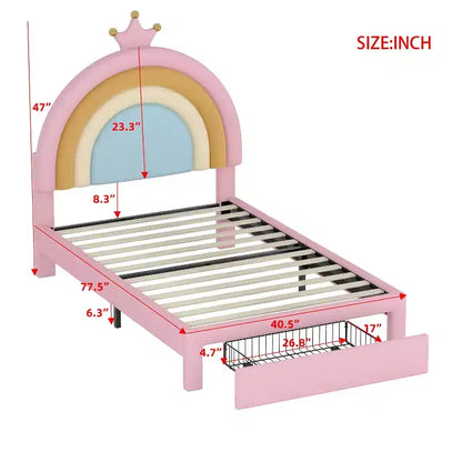Letto a piattaforma singolo in velluto con cassetto contenitore, motivo principessa arcobaleno, rosa colorato