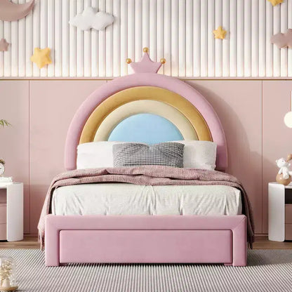 Letto a piattaforma singolo in velluto con cassetto contenitore, motivo principessa arcobaleno, rosa colorato