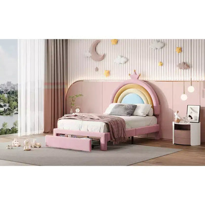 Letto a piattaforma singolo in velluto con cassetto contenitore, motivo principessa arcobaleno, rosa colorato