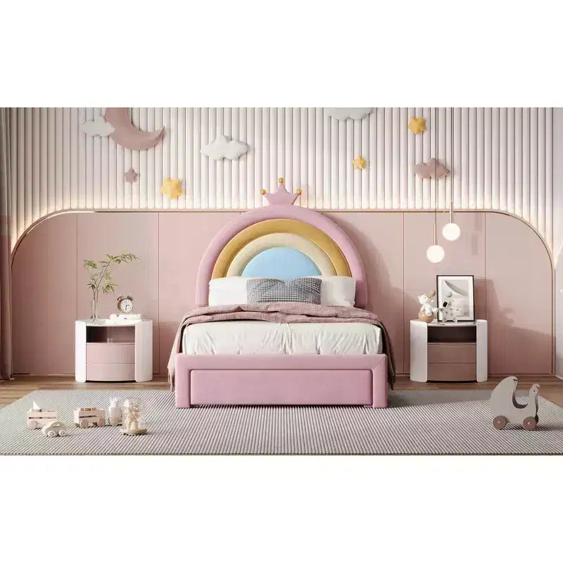 Letto a piattaforma singolo in velluto con cassetto contenitore, motivo principessa arcobaleno, rosa colorato