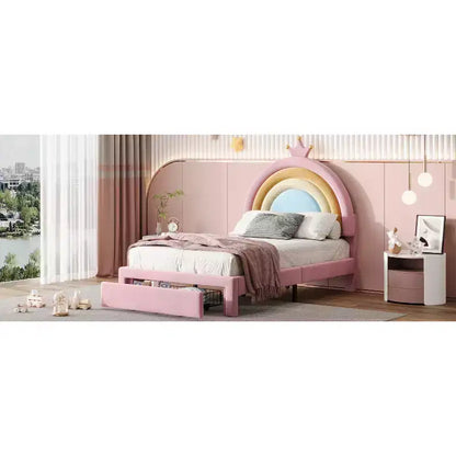 Letto a piattaforma singolo in velluto con cassetto contenitore, motivo principessa arcobaleno, rosa colorato