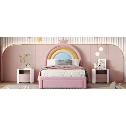 Letto a piattaforma singolo in velluto con cassetto contenitore, motivo principessa arcobaleno, rosa colorato