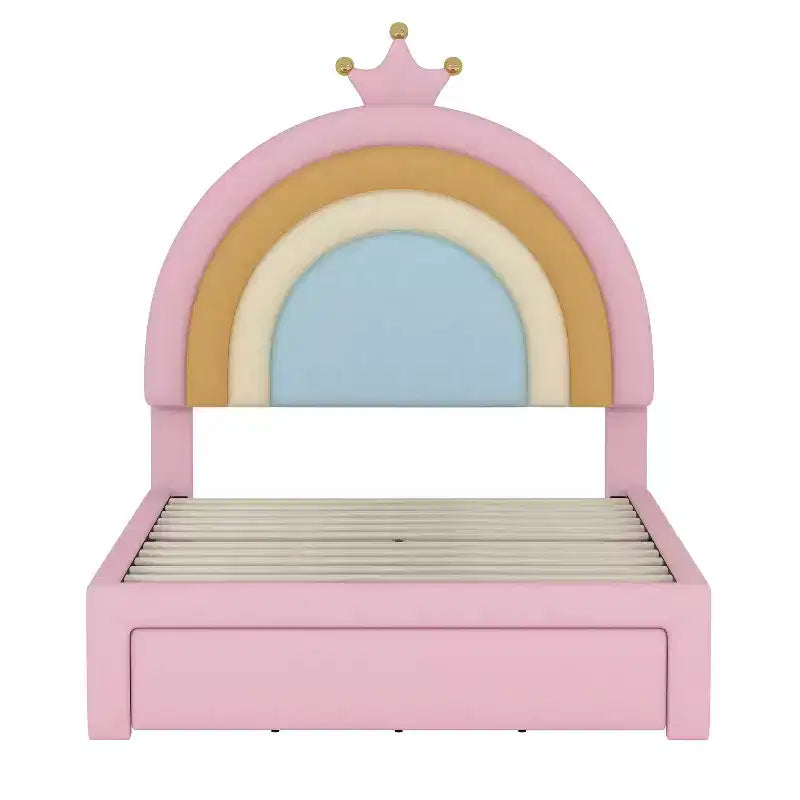 Letto a piattaforma singolo in velluto con cassetto contenitore, motivo principessa arcobaleno, rosa colorato