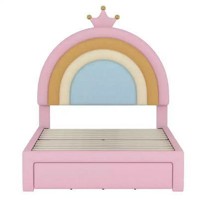 Letto a piattaforma singolo in velluto con cassetto contenitore, motivo principessa arcobaleno, rosa colorato