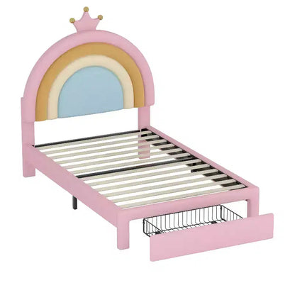 Letto a piattaforma singolo in velluto con cassetto contenitore, motivo principessa arcobaleno, rosa colorato
