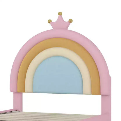 Letto a piattaforma singolo in velluto con cassetto contenitore, motivo principessa arcobaleno, rosa colorato