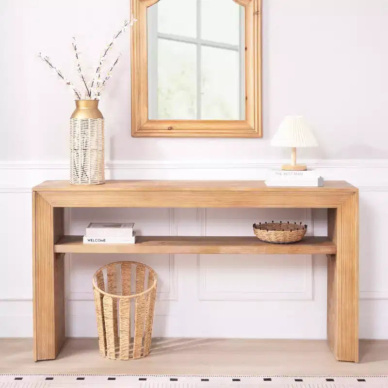 Consolle da fattoria da 150 cm con ripiano aperto, legno composito, finitura naturale