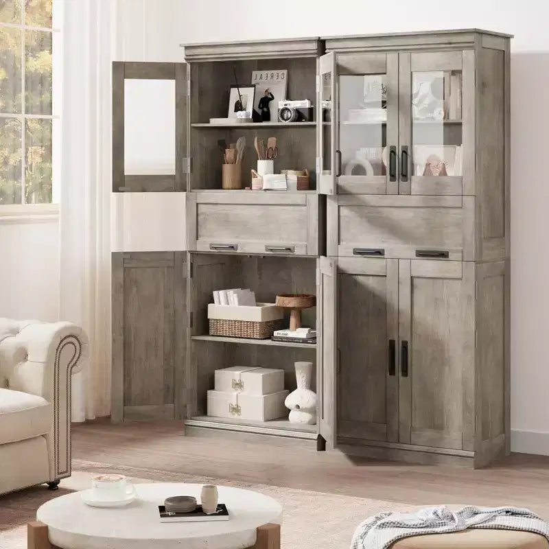 Mobile bagno autoportante alto 170 cm con 4 ante, cassetto con anta a ribalta in vetro e ripiani regolabili