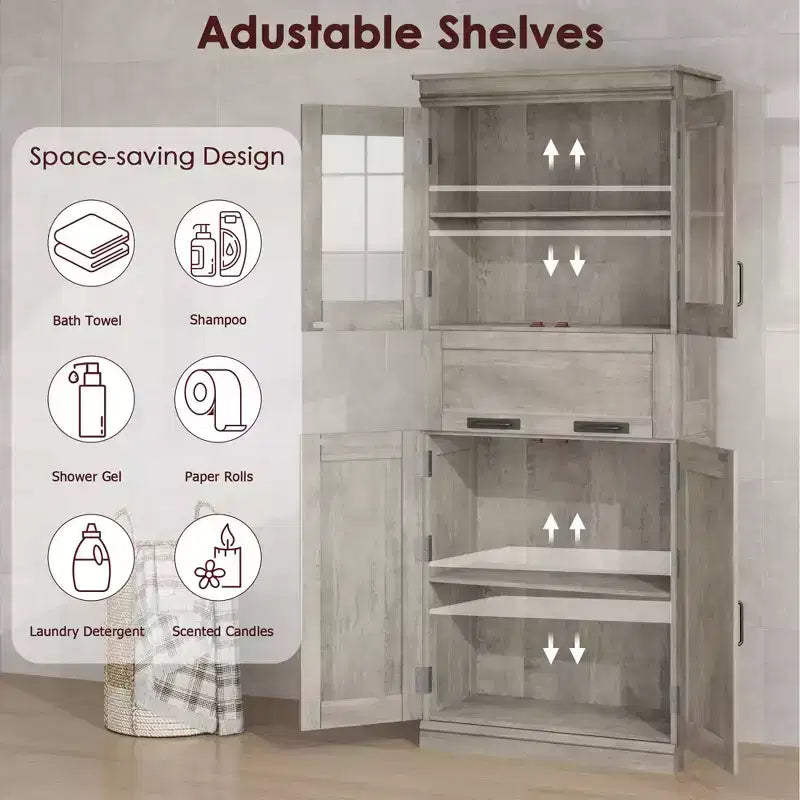 Mobile bagno autoportante alto 170 cm con 4 ante, cassetto con anta a ribalta in vetro e ripiani regolabili