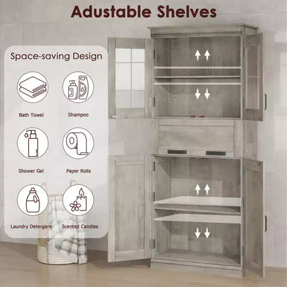 Mobile bagno autoportante alto 170 cm con 4 ante, cassetto con anta a ribalta in vetro e ripiani regolabili