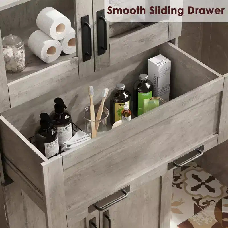 Mobile bagno autoportante alto 170 cm con 4 ante, cassetto con anta a ribalta in vetro e ripiani regolabili