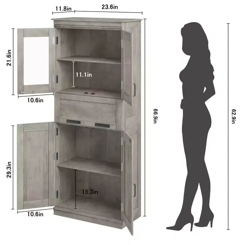 Mobile bagno autoportante alto 170 cm con 4 ante, cassetto con anta a ribalta in vetro e ripiani regolabili
